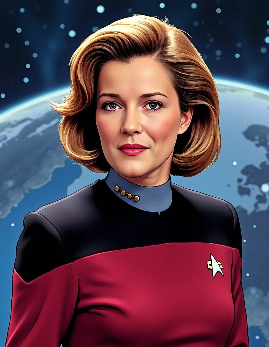 comic comic breathtaking  photo of  <lora:janeway-flux:0.8>   captain, kathryn, janeway, star, trek, voyager, with, shirt, uniform, starfleet uniform,40 years old  woman, futuristic background, space-themed imagery , cartoon, illustration, graphic novela . graphic illustration, comic art, graphic novel art, vibrant, highly detailed, graphic illustration, comic art, graphic novel art, vibrant, highly detailed