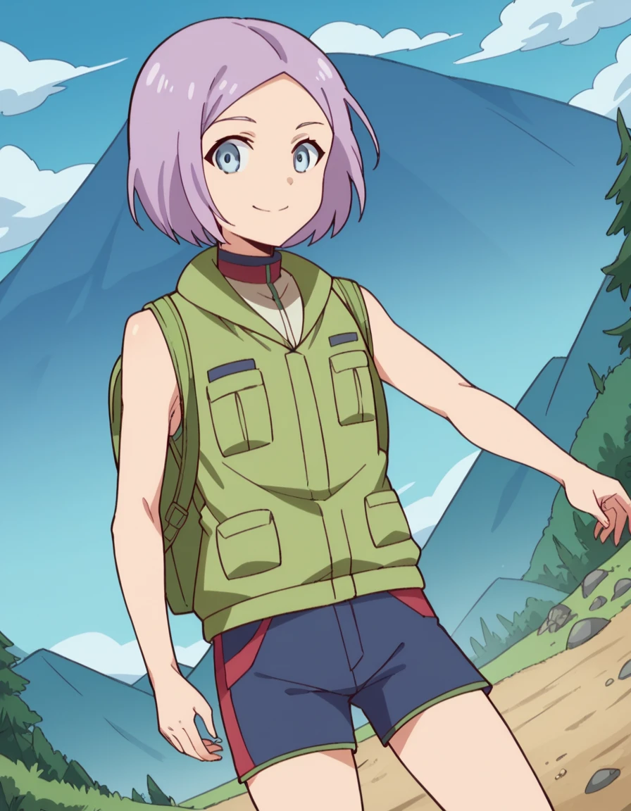 score_9, score_8_up, score_7_up, source_anime, <lora:luca-esposito-s1-ponyxl-lora-nochekaiser:1>, luca esposito, short hair, blue eyes, purple hair, forehead, otoko no ko, androgynous,, shirt, shorts, sleeveless, vest, sleeveless shirt, green shirt, green vest, green shorts,, mountain trail, hiking, nature, backpack, adventure, fresh air, smile, looking at viewer, solo,, cowboy shot, dutch angle