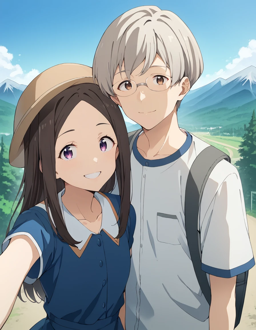 score_9, score_8_up, score_7_up, source_anime, 1girl and 1boy, blue sky, nature, mountains, trees, japan, mount fuji, BREAK
1girl, <lora:chihaya_asagumo_anime-soralz:0.7>, chihaya asagumo, long hair, brown hair, parted bangs, sidelocks, purple eyes, selfie, smile, looking at viewer, head tilt, brown headwear, collarbone, blue dress, (collared dress:0.9), short sleeves, looking at viewer,
ADDCOL
1boy, <lora:mitsuki_ayano_anime-soralz:0.7>, mitsuki ayano, short hair, grey hair, glasses, brown eyes, white t-shirt, short sleeves, bag, backpack, light smile, looking at viewer