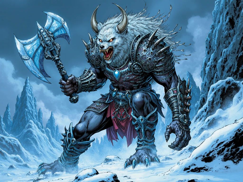 jimlee style, comicbook illustration, vivid fantasy-themed artwork featuring a menacing werewolf creature in a snowy icy environment. The creature is adorned in intricately designed armor in shades of black and silver with ornate patterns and symbols and bone-like structure. Shoulder pads with massive horned animal skulls, It wields large icy-looking battle axe and poised in a defensive stance ready for combat. The wolf's fur is a mix of white and gray and its eyes glow with a fierce intensity. The background is a blend of cool blues and whites with jagged ice formations and a cloudy sky suggesting a cold possibly winter setting, <lora:sxz-Jim-Lee-Flux:1>