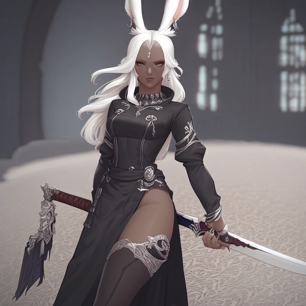dt_xiv_style, 1girl, solo, long hair, looking at viewer, thighhighs, animal ears, jewelry, medium breasts, weapon, white hair, earrings, sword, dark skin, rabbit ears, dark-skinned female, lips, blurry background, ring, viera, score_9, score_8_up, score_7_up, score_6_up, score_5_up, score_4_up, Show less