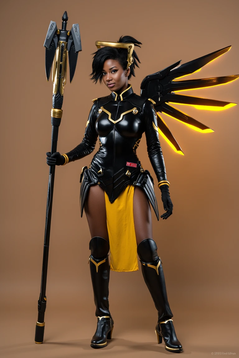 a black african american woman cosplaying as mercy, black body armor with golden accents, black and golden staff, golden halo, black mechanical wings with a golden glow, black iconic hair wig 