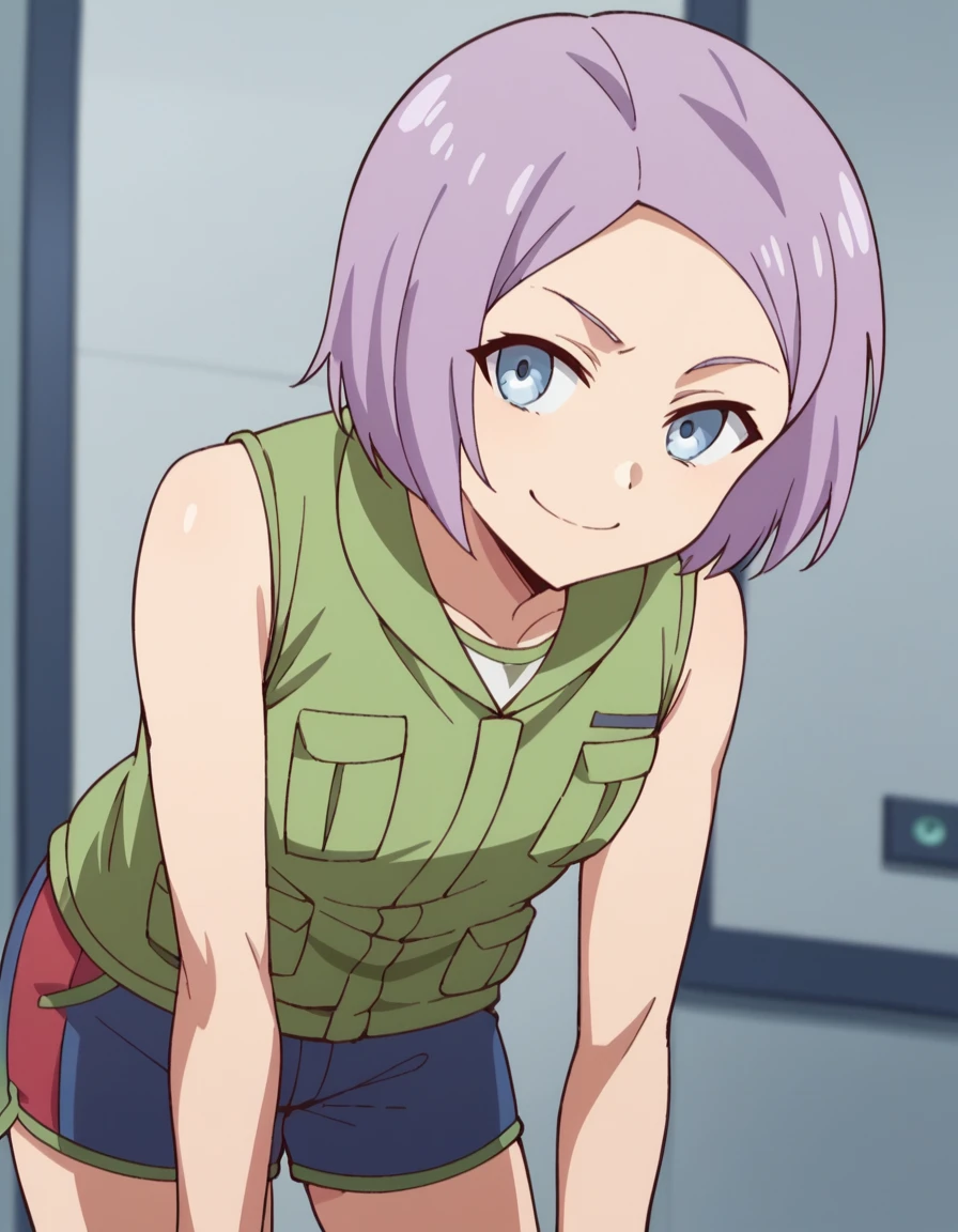 score_9, score_8_up, score_7_up, source_anime, <lora:luca-esposito-s1-ponyxl-lora-nochekaiser:1>, luca esposito, short hair, blue eyes, purple hair, forehead, otoko no ko, androgynous,, shirt, shorts, sleeveless, vest, sleeveless shirt, green shirt, green vest, green shorts,, indoors, bent over, smile, smug, looking at viewer, solo,, smile, looking at viewer, solo,, cowboy shot, dutch angle