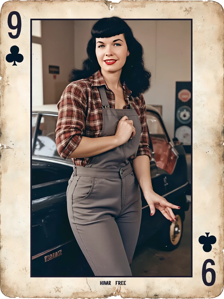 A vintage playing card, display of card suit and number, weathered & worn with scratches on surface, pinup style bettiep123 woman as a car mechanic, 1950s style, full body, plaid shirt with rolled up sleaves, coveralls, sassy pose, seductive expression, backdrop with a mechanic theme, from a low angle , intricate, detailed, sketching art , minimalistic, style of grunge book cover, painterly, drawing, limited color palette,