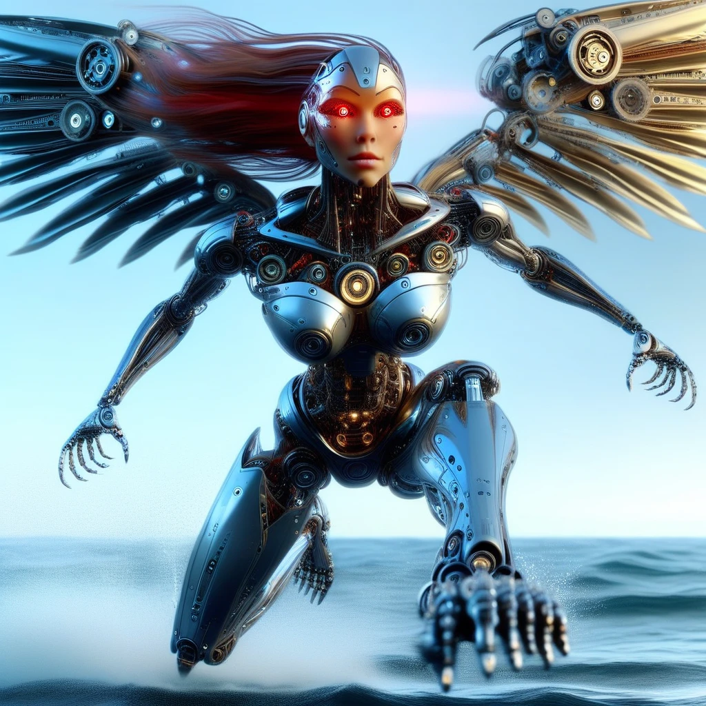 humanoid robot, 1girl, in mid-flight with mechanical wings outstretched, intricate wings designed with interlocking metallic feathers, robot joints visible throughout, full body view, realistic mechanical parts and details, solo figure, long flowing brown hair, strands flying back with the motion, glowing red eyes emitting a focused light, defined nose and lips, neutral facial expression, subtle glowing effect from facial plates, clearly defined breasts with mechanical detailing, mechanical arms extended outward, multiple hands with fingers spread, showcasing the complexity of mechanical fingers, powerful mechanical legs bent as if ready to land, mechanical feet without shoes, standing barefoot on the surface of the ocean, water splashing around from the impact, set against a backdrop of the open ocean, dramatic cloud formations in the sky, the setting sun casting a warm glow over the scene, blending advanced robotics with natural beauty, emphasizing the contrast between technology and nature, highlighting the elegance and power of the robotic figure