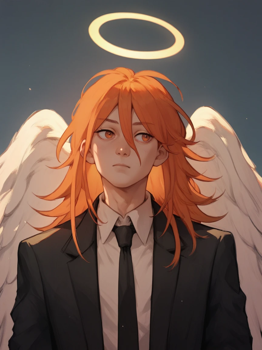 score_9, score_8_up, score_7_up, score_6_up, score_5_up,    <lora:4ng3ld3v1lXLP:1> 1boy, halo, 4ng3ld3v1l, orange hair, angel wings, suit, black necktie