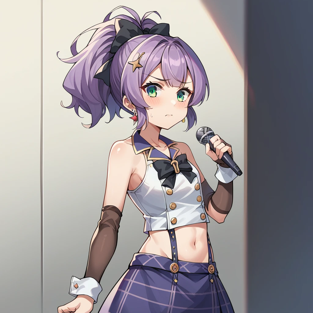 score_9_up, score_8_up, score_7_up, source_anime, masterpiece, best quality, 1girl, solo, Javel_Azur, Jav_Idol,  standing, nervous, holding microphone, microphone on chest, from side, looking ahead, javelin (azur lane), purple hair, green eyes, ponytail, star hair ornament, hair bow, purple skirt, plaid skirt, suspender skirt, midriff, navel, double breasted, black bow, white shirt, collared shirt, sleeveless shirt, earrings, collarbone, bare shoulders, wrist cuffs, pink ribbon, arm warmers, brown pantyhose, dynamic cowboy shot, indoors, idol stage background