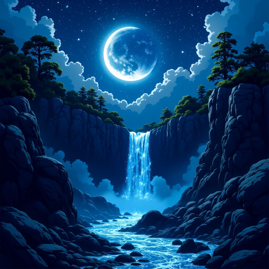 Lunar Waterfall: A waterfall that cascades from the moon itself, flowing down through the night sky and creating a river of light that winds through a mystical landscape. in the v1v1d34m style,<lora:v1v1dr34m:1>,