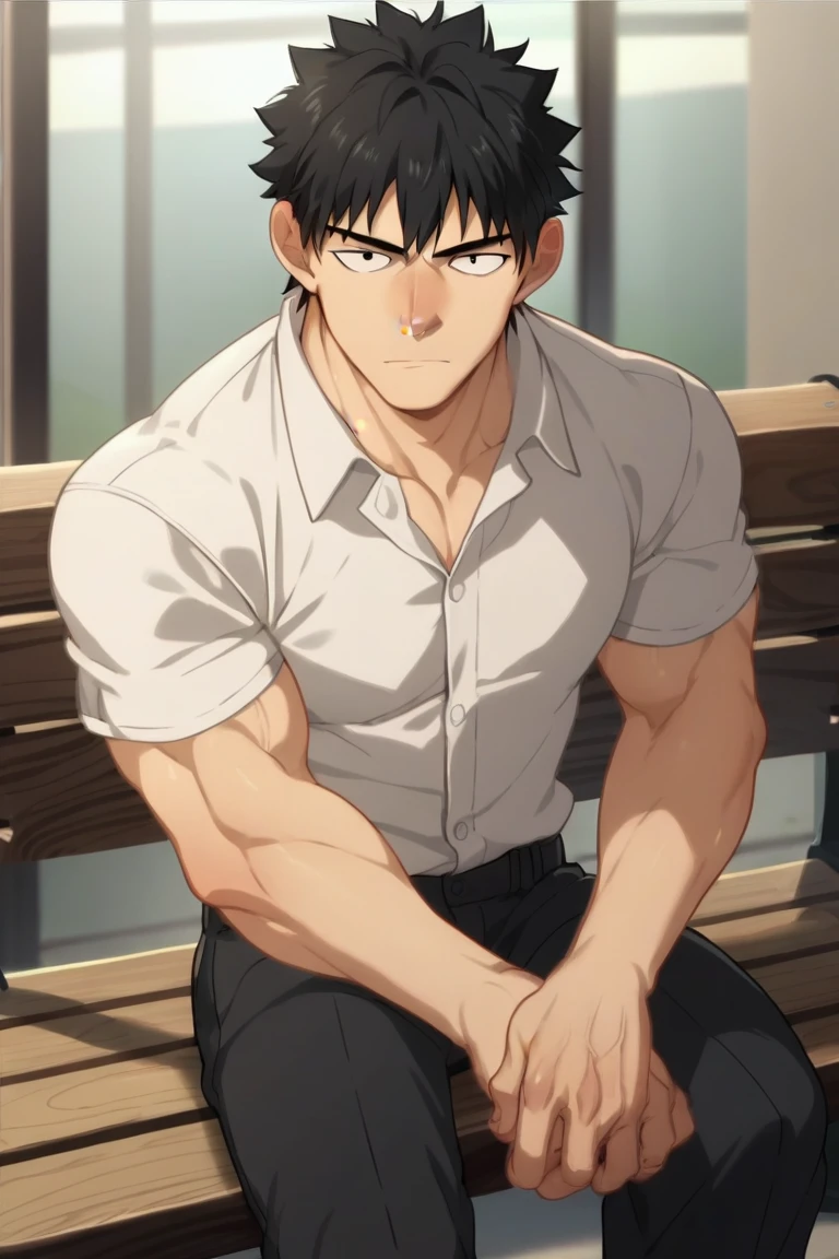 score_9, score_8_up, score_7_up, score_6_up,source_anime anime screencap, anime coloring, 1boy, solo, male focus, muscular, black hair, black eyes, white shirt, black pants, sitting over bench, indoors, looking at viewer, untucked  shirt <lora:HanDaewi:1> blushed nose, front view