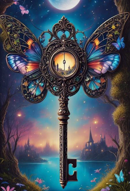 best quality, reality-shot, realism, realistic photography of a an elaborate key with whimsical elements, magical fairytale landscape, fantasy style art, charcoal theme, intricate details, ultra sharp, exquisite detail, flawless composition, vivid colors, masterpiece, exciting background, butterfly, moon