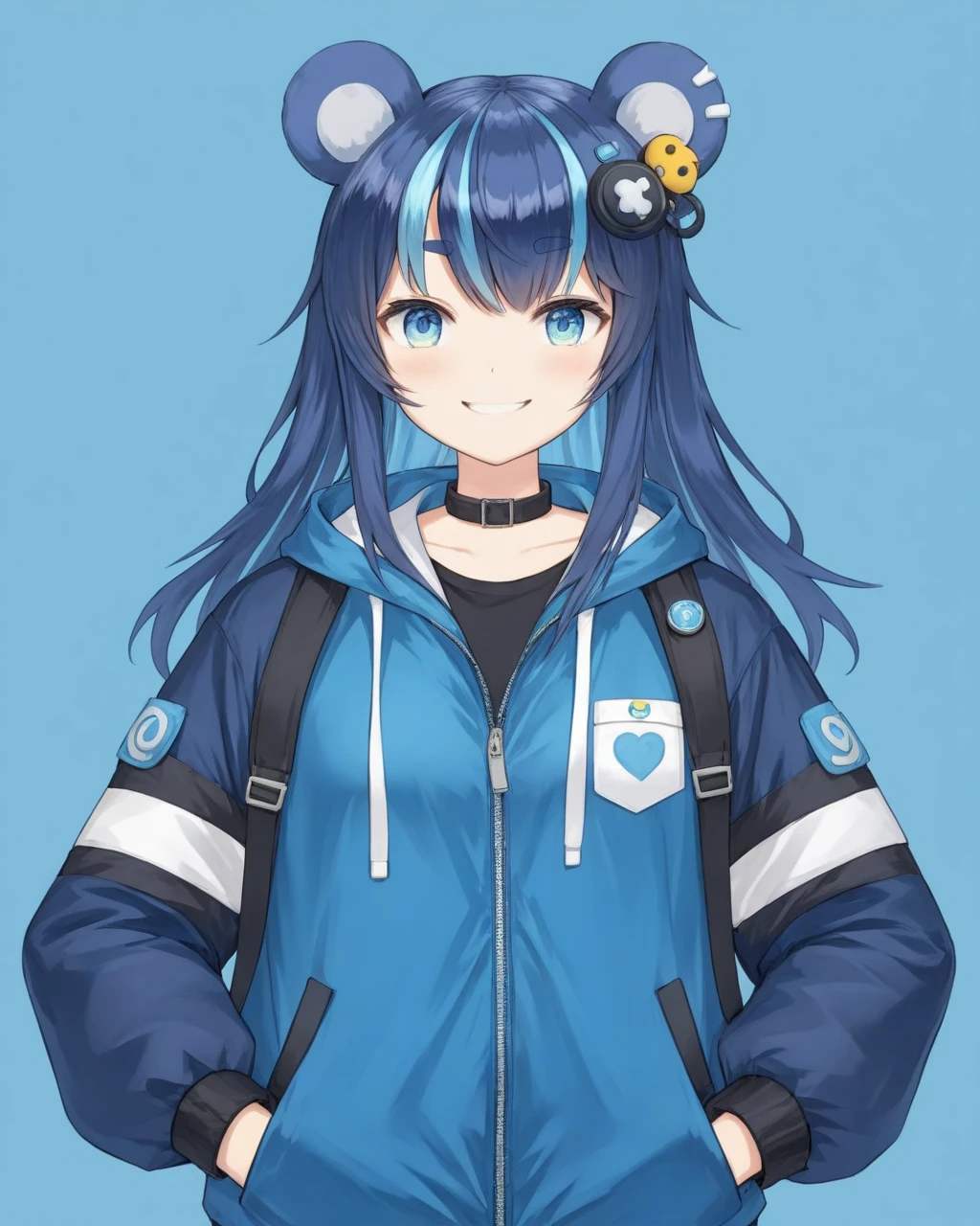 uruka, original outfit, bear ears, blue hair, blue eyes, jacket, hands in pocket,
upper body, smile, basic background, 
<lora:URUKA-XL-t4-000004:0.6>