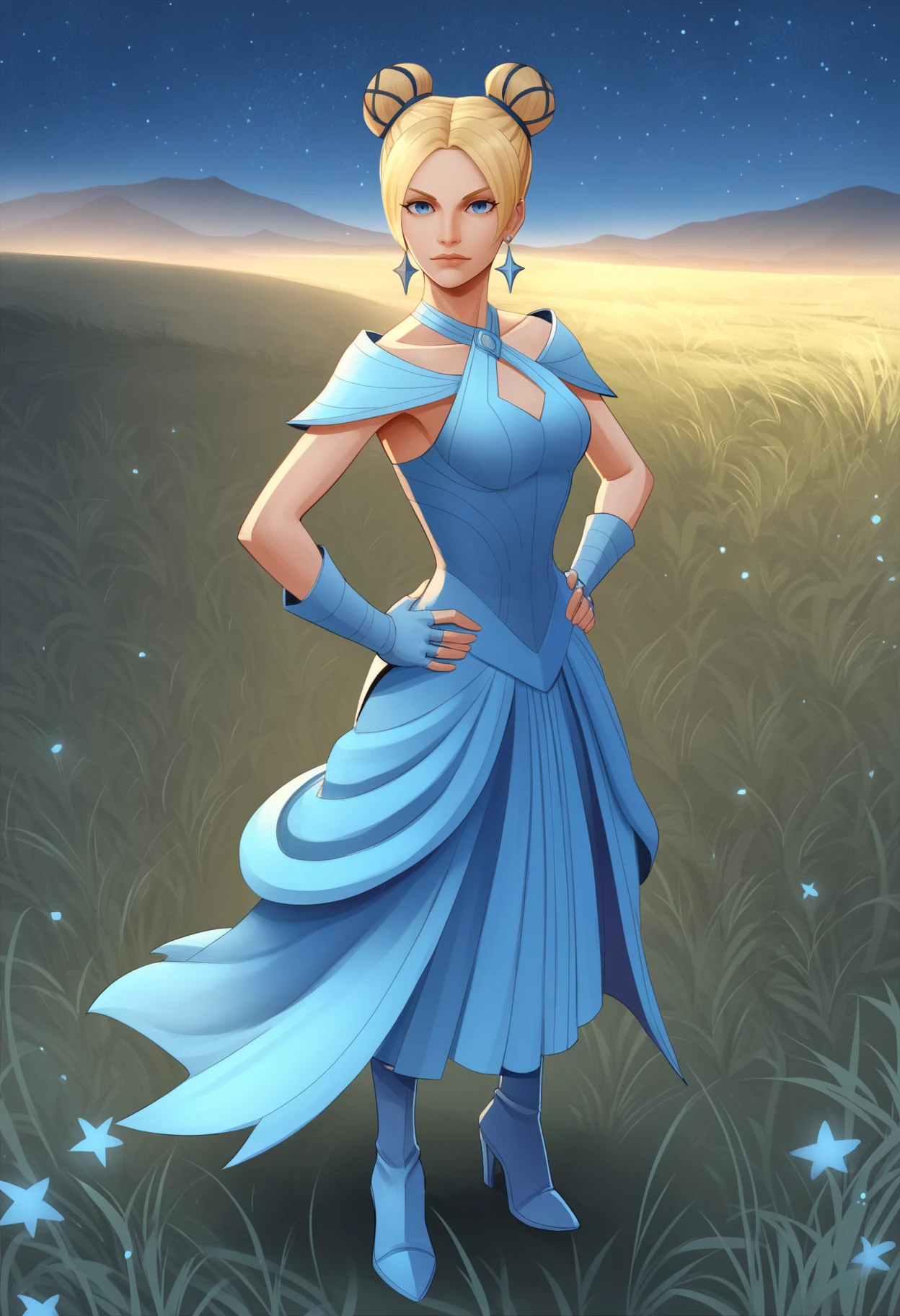 score_9, score_8_up, score_7_up, BREAK,
1girl, cynngw,  blonde hair, double hair bun, blue eyes, earrings,
dress, fingerless gloves, high heels boots,
hands on hips, solo, looking at viewer, grass, night, starry sky, moutains background  <lora:CynnGWXL:1>