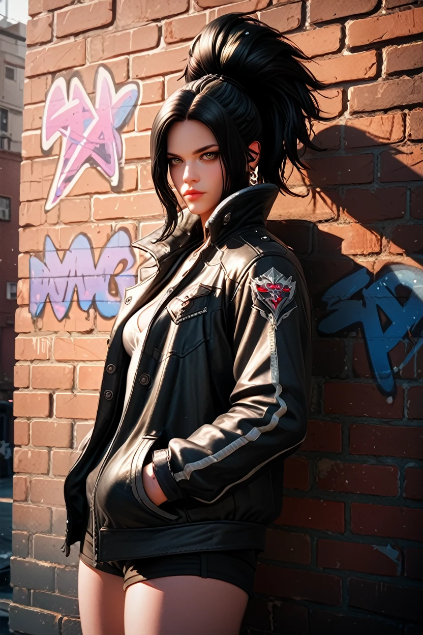 score_9, score_8_up, score_7_up, score_6_up
<lora:LABlackf:1.0>
LABlackf, 1girl, black hair, looking at viewer, leaning against a brick wall, hands in jacket pockets, urban alleyway with graffiti art, moody lighting with shadows, edgy and modern vibe