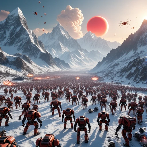 an extreme wide shot of a battlefield between an army of insect like humanoids against an army of mechwarriors, BREAK, there are mountains on the background as high as Mount Everest, a frozen valley, two red suns in the sky, fire and explosions abound, cinematic volumetric lighting, shot with Sony Fx6