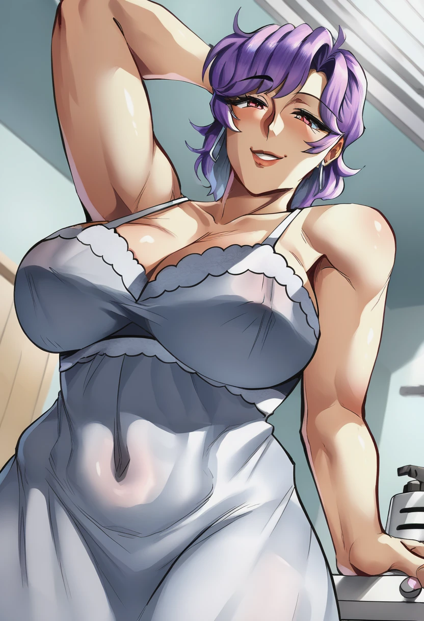 (masterpiece, best quality, less details, vivid colors, anime style, realistic), (bedroom), (girl 1(short purple hair with bangs, purple eyes, eye shadow, beautiful makeup, white kitchen apron, cleavage, white kitchen gloves, white thigh highs, bare tummy, bare back, backless, perfect body, slim waist, big tits, big ass, thick thighs, looking at viewer, open mouth, blush, shocked face, sweaty)), (fat man groping girl from behind, girl's ass touching man's thighs, penis inside vagina), (During Sex: 1, Penile Penetration: 1, Cum: 1.5, NSFW: 1, Kamasutra, Hardcore Porn, Passionate Sex, Hentai)