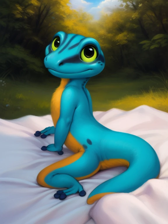 <lora:HodariGecYif:0.8> HodariGec, gecko,  blue body, green sclera, black eyes, green sclera, black eyes, yellow belly, chibi,
(solo focus), Looks at the viewer,  (kneeling one leg)
[ large window, (nature), forest, grass, day shining, clouds, flowers, blanket, blue pillows, candles, bed, pillows, ]
(beautiful, aesthetic, perfect, delicate, intricate, saturated colors), masterpiece, digital drawing, best quality,
[by kenket|by totesfleisch8], by thebigslick:by silverfox5213:0.8], [by syuro, by paloma-paloma::0.2, (Tricksta, TotesFleisch8)