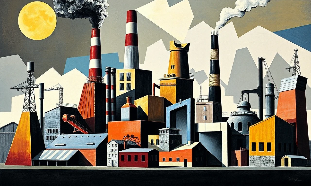 Multifaceted industrial factory scene art in cub1sm style,<lora:cub1sm:1>,geometric forms,flattened space,muted tones,cubism,shattered,fractured,