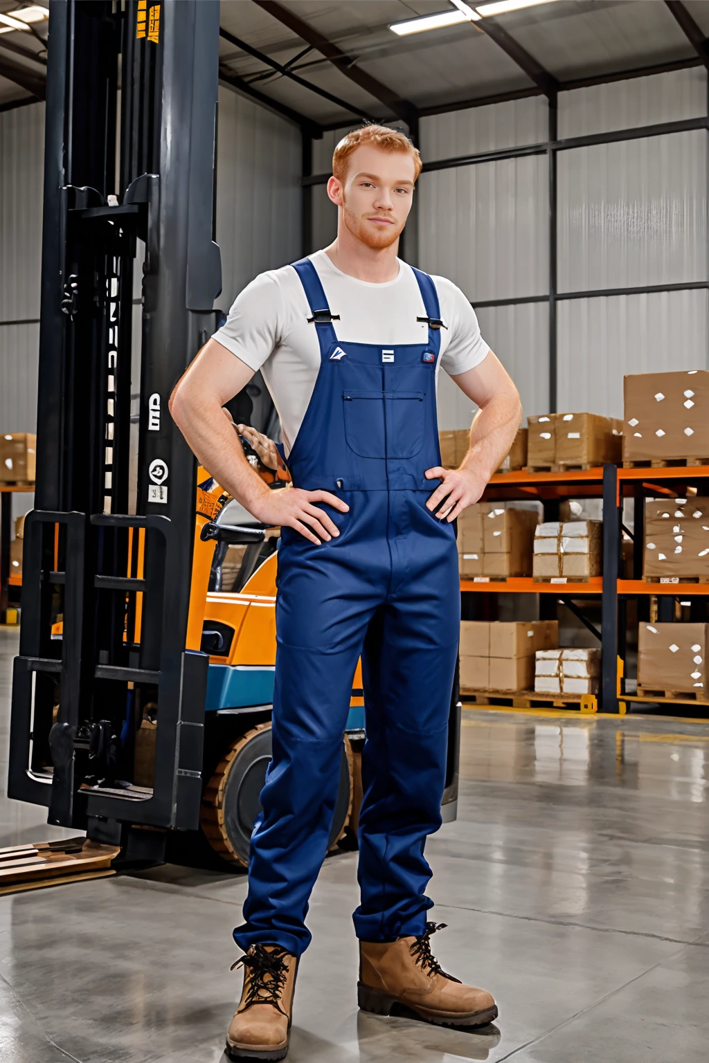 distribution center warehouse, high ceiling, pallets of cardboard boxes, standing beside (forklift:1.2), from the side, ginger hair, JamesJamesson is forklift driver, white undershirt, gray (coveralls:1.2), work boots, (((full body portrait))), wide angle  <lora:JamesJamesson:0.8>