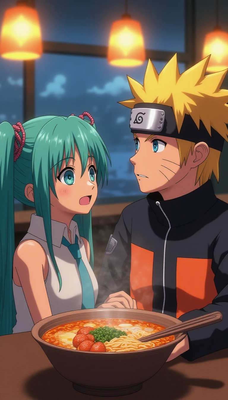 A dramatic anime screengrab, Hatsune Miku,and Naruto from Naruto Shippuden,They are both looking at each other,Naruto He has blue eyes and wearing his iconic orange and black jumpsuit, with his blonde spiky hair and Konoha headband clearly visible.Hatsune Miku and Naruto Uzumaki sitting together at a cozy anime-style ramen shop.Hatsune Miku has aqua colored hair and blue eyes,she has two long pigtails and has ornaments in her hair,she has a white sleeveless shirt,she has an aqua colored tie, The camera focuses on the vibrant orange-brown broth steaming up from the bowl, with perfectly cooked noodles and savory toppings. creating a whimsical contrast. Soft blue and yellow lighting casts a warm glow on the scene, with subtle shading bringing depth to the characters' faces,Anime style, animescape