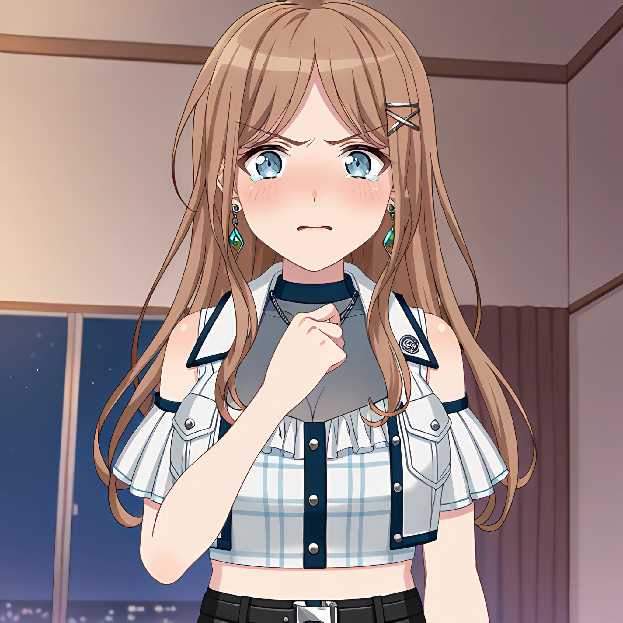 score_9, score_8, score_7_up,hd,source_anime,night,indoors,on stage,

1girl, solo, nagasakisoyo2, long hair, upper body, soyogame5 costume, soyogame5 earrings, hairclip, with tears, standing, disgust, hand on own chest, looking at viewer,