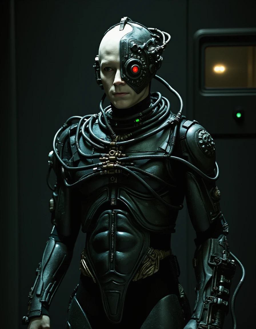 hyper realistic Borg standing in a dimly lit environment, exuding a blend of cold precision and relentless purpose. Their pale skin is almost entirely covered in dark metallic implants and tubes, with glowing green lights embedded across their body. A single red laser eye dominates their face, scanning with an expressionless gaze. The left arm is a fully cybernetic limb, equipped with various tools and weapons, while the other arm retains a haunting remnant of its original human form. The figure stands tall and rigid, surrounded by shadowy machinery and the faint glow of green energy conduits, emphasizing their assimilation into the collective. The overall aesthetic is a fusion of advanced technology and dystopian horror, with a focus on sharp details and eerie lighting <lora:borg_v1:0.8>