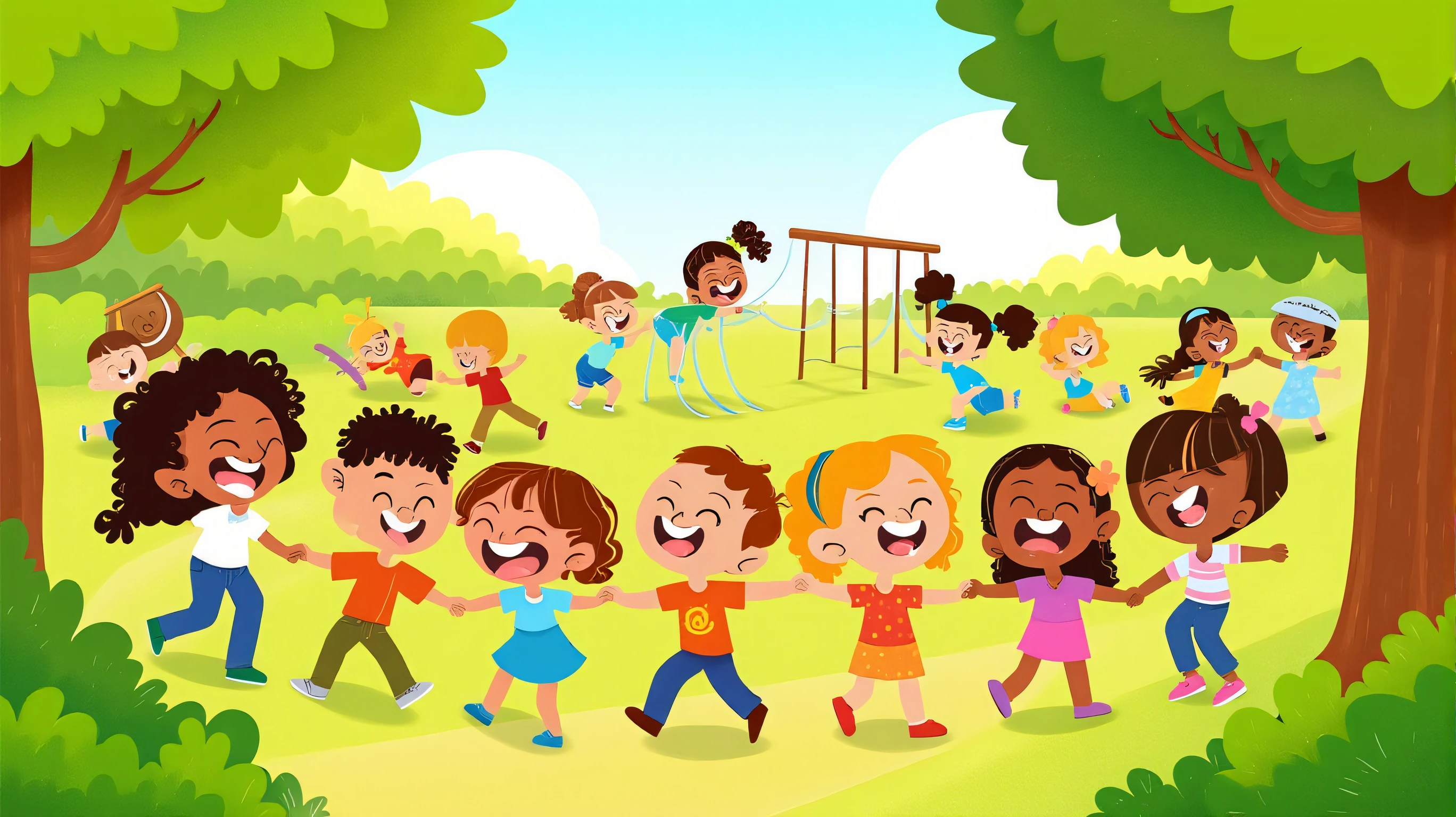 A lively group of children from diverse ethnic backgrounds are gathered together in a sunlit park, playing and laughing joyfully. At the center, they are holding hands in a circle, with bright smiles on their faces, symbolizing unity and friendship. Each child has distinct features and skin tones, reflecting a variety of ethnicities—one child has curly black hair and dark skin, another has straight brown hair and tan skin, while another has blonde hair and fair skin. They are all wearing colorful, casual clothes that add vibrancy to the scene.

In the background, more children of different ethnicities are playing together on swings, slides, and a merry-go-round. Some are sharing toys, while others are helping each other with a game, showing cooperation and kindness. The trees around the park are lush and green, with a clear blue sky overhead, creating a warm and inviting atmosphere. The overall mood of the illustration is one of joy, harmony, and togetherness, celebrating the beauty of diversity and inclusion among the children.