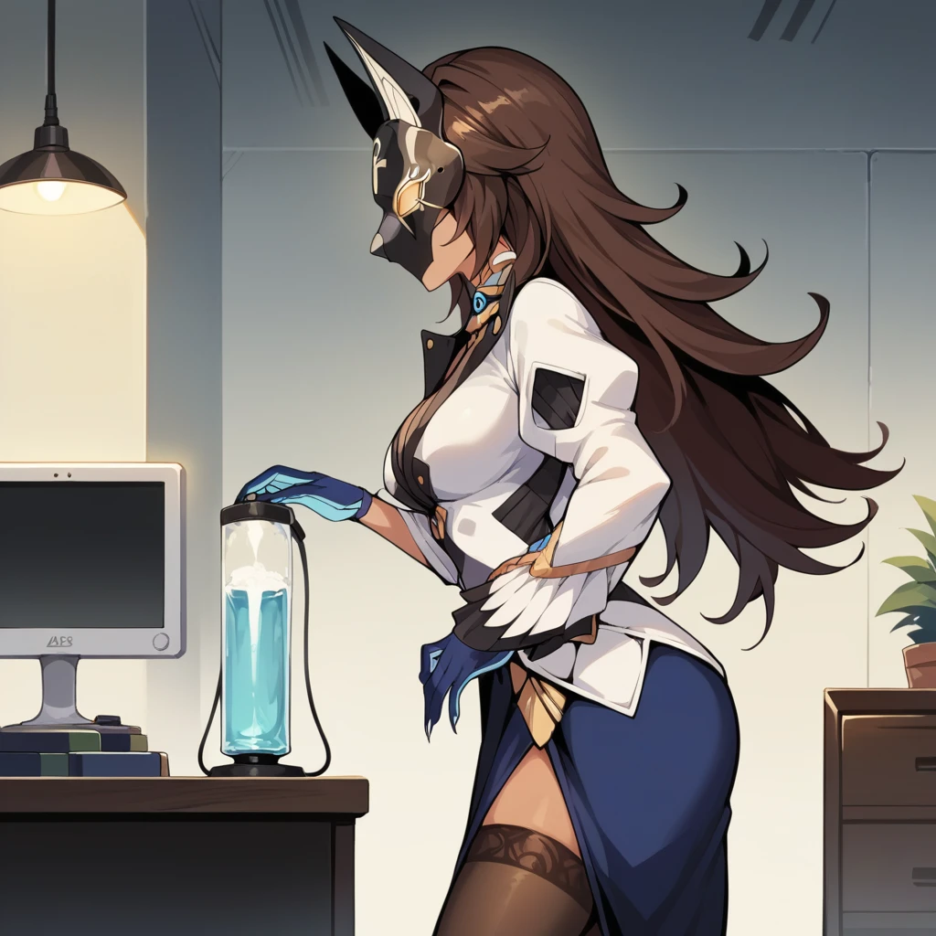 score_9_up, score_8_up, score_7_up, source_anime, masterpiece, best quality, 1girl, solo, Jackal, Jck_Mask, ceiling light, test tubes, shelves, monitor, desk, documents, standing, from side, holding clipboard, hand on hip, long hair, brown hair, facial mask, mask, dark skin, dark-skinned female, wolf mask, covered mouth, white jacket, long sleeves, puffy sleeves, cleavage, two-tone gloves, blue gloves, fingernails, blue skirt, side slit, brown thighhighs, mature body, dynamic cowboy shot, outdoors, facility laboratory background