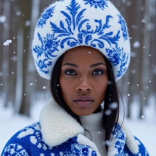 dark skin female, blue gzhel print on white kokoshnik headdress, winter wool based coat, winter forest, outdoors, falling down snow, intricate details, professional photography