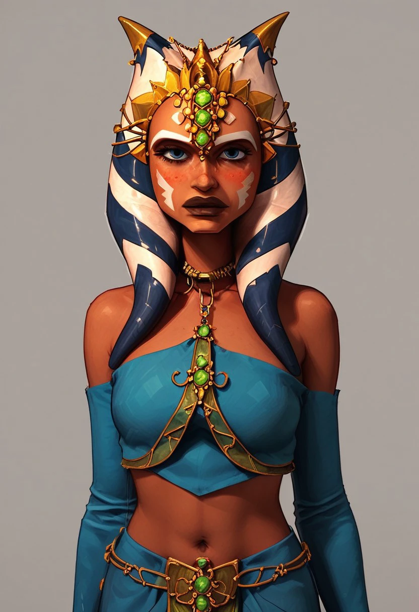 score_9, score_8_up, Ahsoka Tano, Turquiose Loincloth, Turquiose Harem Top, Big Cleavage, Midriff, Slave Outfit, Golden Tiara, Golden Jewelery, 5 green Gems in Cross Formation on forehead, standing, aroused expression,  blushed, looking at viewer, bedroom background, golden hour, masterpiece