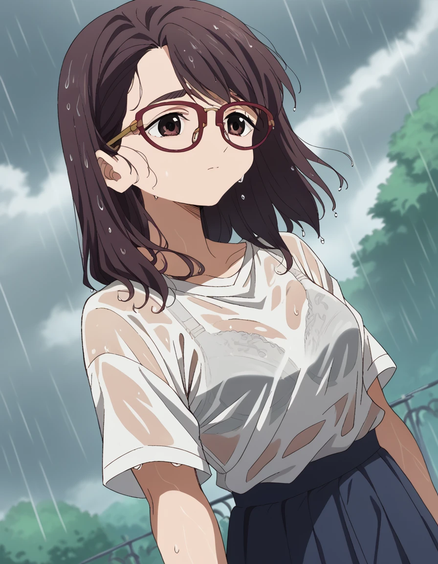 score_9, score_8_up, score_7_up, source_anime, <lora:tomono-kojou-s1-ponyxl-lora-nochekaiser:1>, tomono kojou, brown hair, brown eyes, glasses, medium hair, red-framed eyewear,, <lora:bra-visible-through-clothes-ponyxl-lora-nochekaiser:1>, bra visible through clothes, wet shirt, wet clothes, see-through, see-through shirt, bra, bralines, wet, white shirt, bra peek, wet skirt,, outdoors, rain, cloudy, , cowboy shot, dutch angle