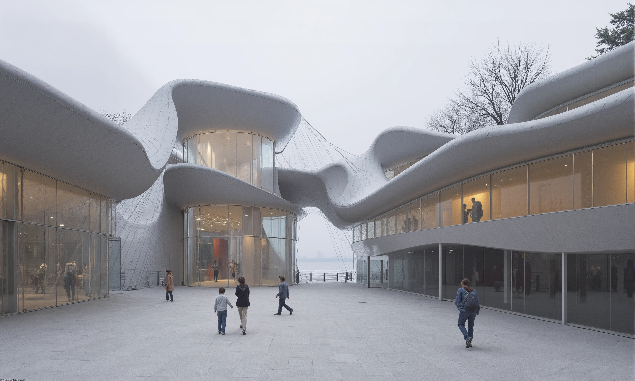 Modern theater build as a cluster of four interconnected volumes with gently sloping, wavy roofs. The structures have glass walls and are arranged in a cross-shaped configuration. The design features smooth, with transparent concrete surfaces and light  behind the facade. located in New York, natural materials, RAW photo, architecture over exposed photography, diffused light, ISO 1600, Nikon AF-S 70-200mm f/2.8G ED VR II, long exposure, people walking, kids playing . award-winning, professional, highly detailed