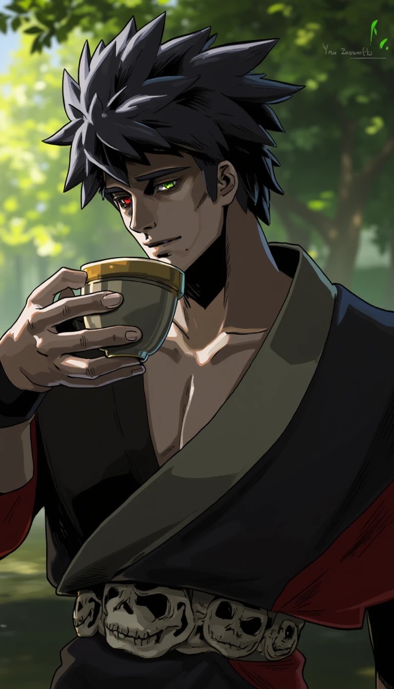 <lora:ZagreusFlux:1>Zagreus Hades, Holding a coffee cup, savoring every sip, in location in the garden, His eyes are strikingly different colors; his left eye is a vibrant green, while the right eye is a deep red, full body view