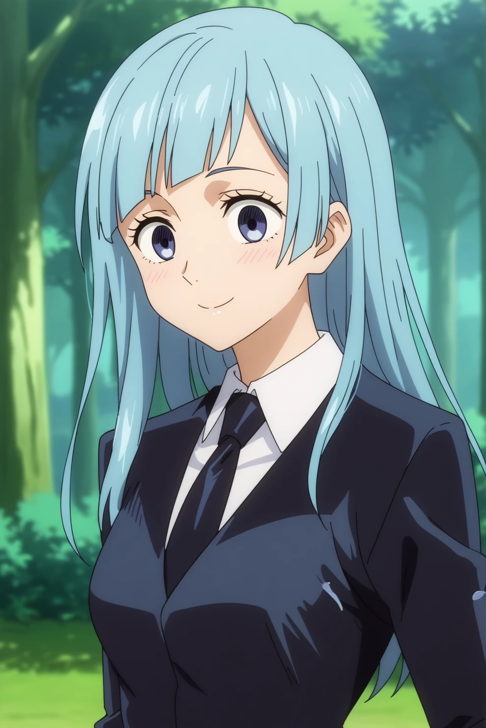 kasumi miwa,anime screencap,1girl,solo,mature,black necktie,blue hair,long hair,formal,suit,smile,outdoors,forest,tree <lora:Kasumi Miwa - PDXL2.safetensors:0.8>