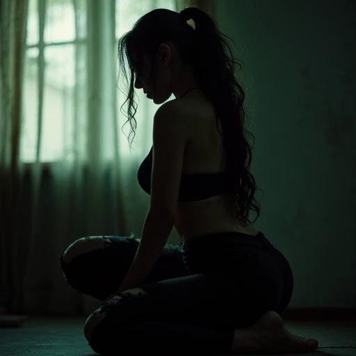 0y5top1a8e, cinematic, dark shot, muted colors, film grainy, muted colors, technicolor,  dystop1an, photograph, dystopian scene, indoors, window, volumetric lighting, light particles,  gorgeous white woman, black hair, solo, offering her ass, big ass kneeling , curvy, sexy tight ripped pants,  medium breasts, narrow waist dirty blonde hair, low ponytail, wide hips, wide thigh gap