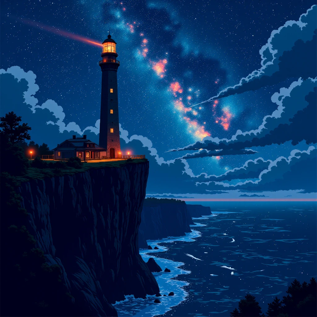 Cosmic Lighthouse: A towering lighthouse stands on the edge of a cliff that overlooks a sea of stars. Its beam of light cuts through space, guiding starships instead of boats. in the v1v1d34m style,<lora:v1v1dr34m:1>,