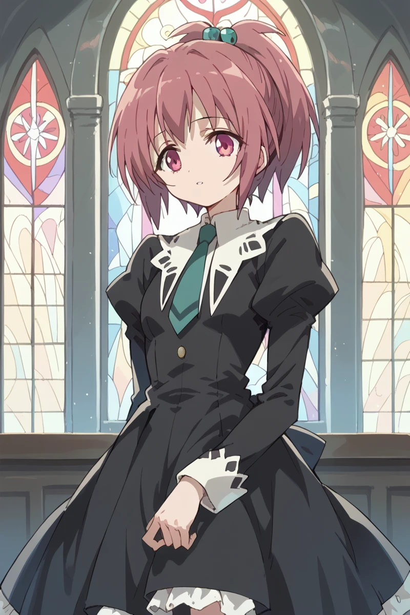 score_9, score_8_up, score_7_up, score_6_up,
 <lora:Nagisa_Aoi:1> nagisa, miator, 1girl, school uniform, solo, short hair, dress, necktie, hair ornament, stained glass, ponytail, black dress, pink eyes, long sleeves,