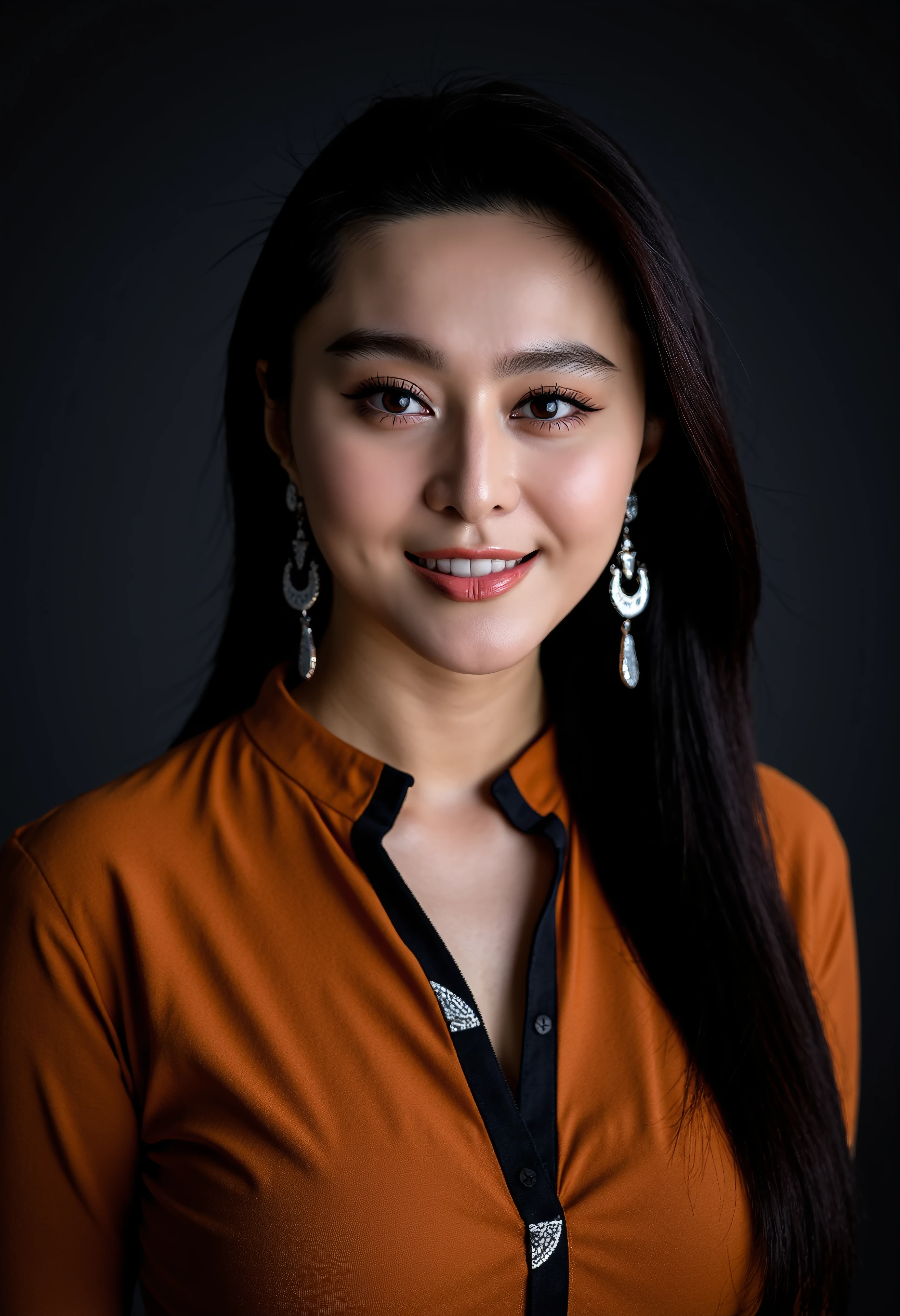 The image is a close-up portrait of a young woman with long dark hair. She is looking directly at the camera with a serious expression on her face. She has a slight smile on her lips and her eyes are slightly squinted. Her hair is styled in a sleek straight look and she is wearing a pair of large dangling earrings. The background is a plain dark grey color. The woman is wearing an orange and black patterned blouse with a high neckline and long sleeves. The overall mood of the image is confident and professional.