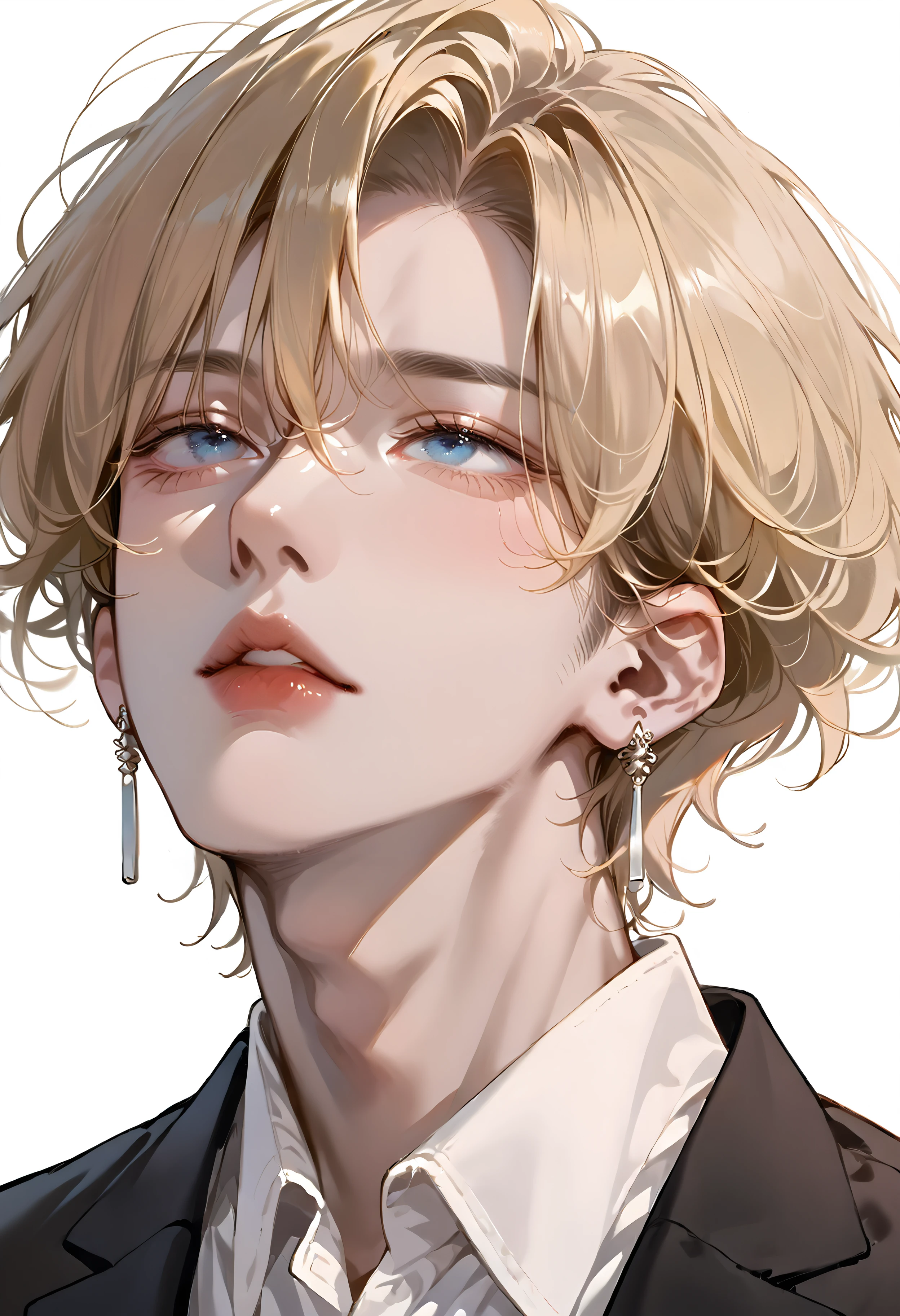 score_9, score_8_up, score_7_up, best quality, source_anime BREAK, jewelry, white shirt, earrings, short hair, portrait, blonde hair, collared shirt, 1boy, male focus, parted lips, looking up, <lora:KoreanAIStyle:1>