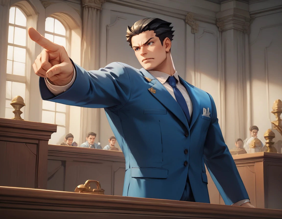 <lora:Objection_Pose_-_Pony:1> zpdxl2, (pwobjection:1.2), 1boy, solo, black hair, blue suit, white shirt, courtroom, pointing