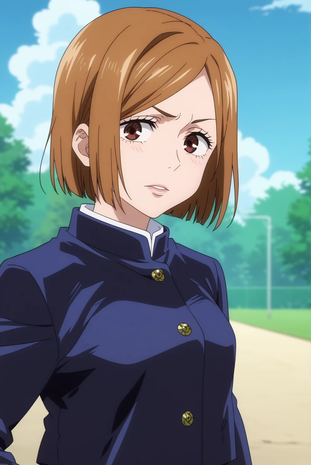 nabara kugisaki,anime screencap,1girl,solo,mature,short hair,school uniform,jacket,looking at viewer,outdoors <lora:Nobara Kugisaki - PDXL2.safetensors:0.8>