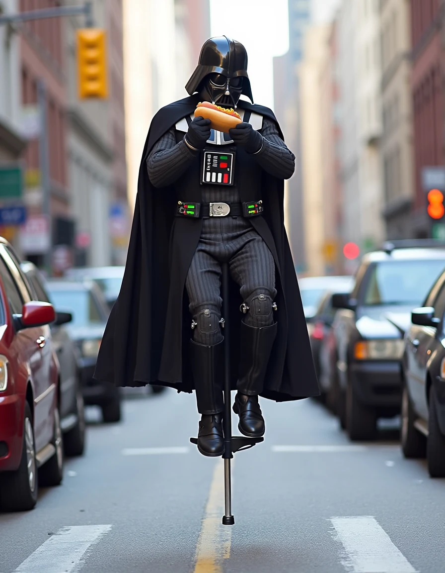 <lora:Jumping_on_a_pogo_stick_Flux:1> Darth Vader jumping on a pogo stick down a busy street, eating a hotdog.