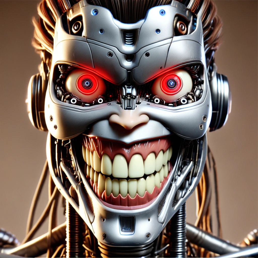 humanoid robot, 1girl, close-up, portrait, mechanical parts, no humans, realistic, solo, brown hair, strands of hair cascading down from the head, large glowing red eyes, looking at viewer, nose, smile, grin, slight dimples in the cheeks, open mouth, clenched teeth, cables protruding from the neck area, neck composed of exposed mechanical parts and wires, glowing, blurry background, cables, horror (theme)