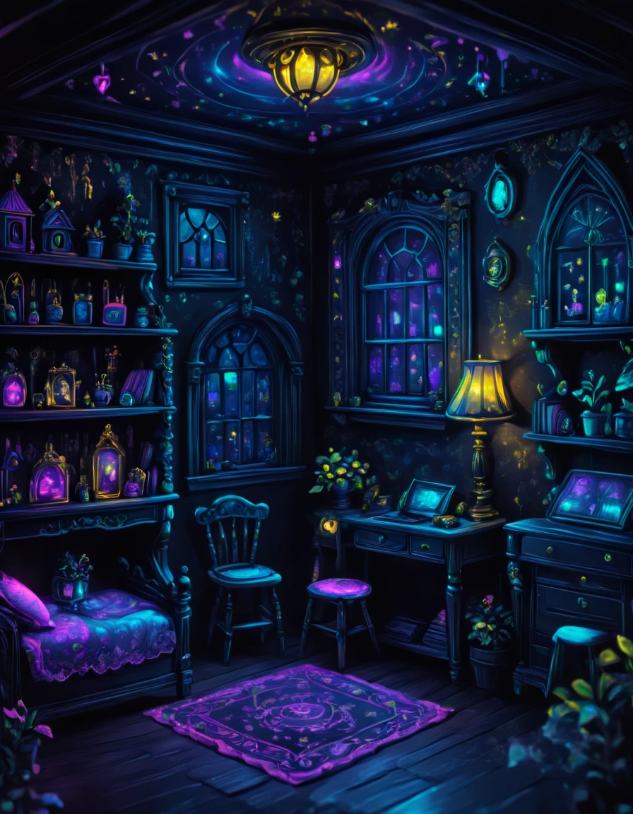 novuschroma80 style dollhouse with charming rooms and tiny furniture  blacklight art <lora:novuschroma80 style:1> <lora:FaeTastic Details:1>