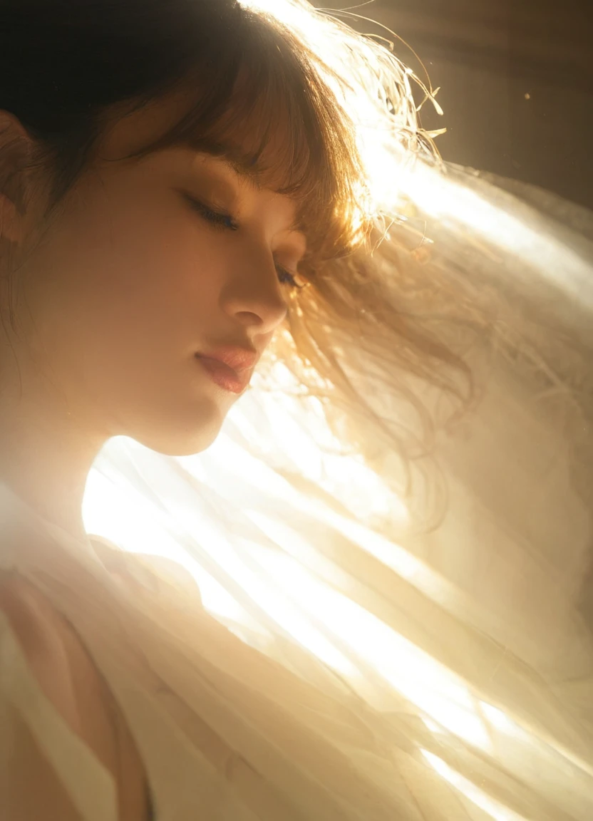 score_9, score_8_up, score_7_up, BREAK, javartbook, 1girl, solo, sunlight, mole, blurry, backlighting, brown hair, bloom, lense flare, backlight, rim light, bangs, bloom, looking away, side view, upper body, see through, dress lift, eyes closed, lips closed 