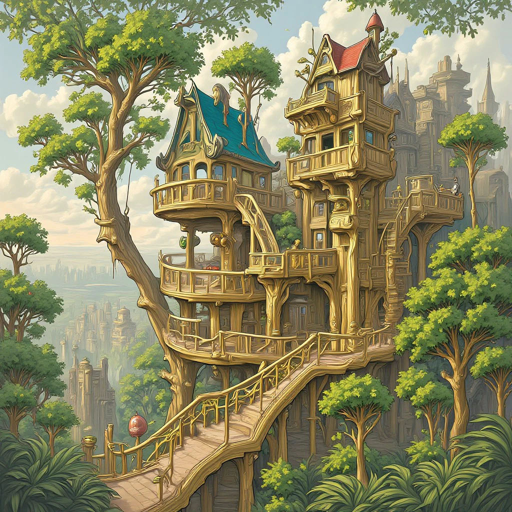 Illustration of fantasy treehouses that merge into a cityscape, architecture, music, forest, evangsurreal, mecha, greg rutkowski