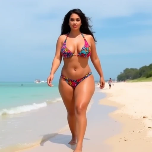 women, curvy hourglass body, in black bikini,on the street