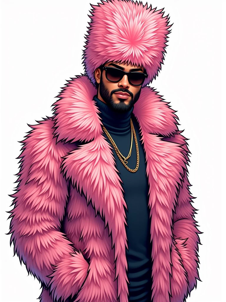 A comic drawing of a cool man with brown skin wearing a pink fluffy fur coat and a tall fluffy fur hat. <lora:fur_detailer_v1:1.5>