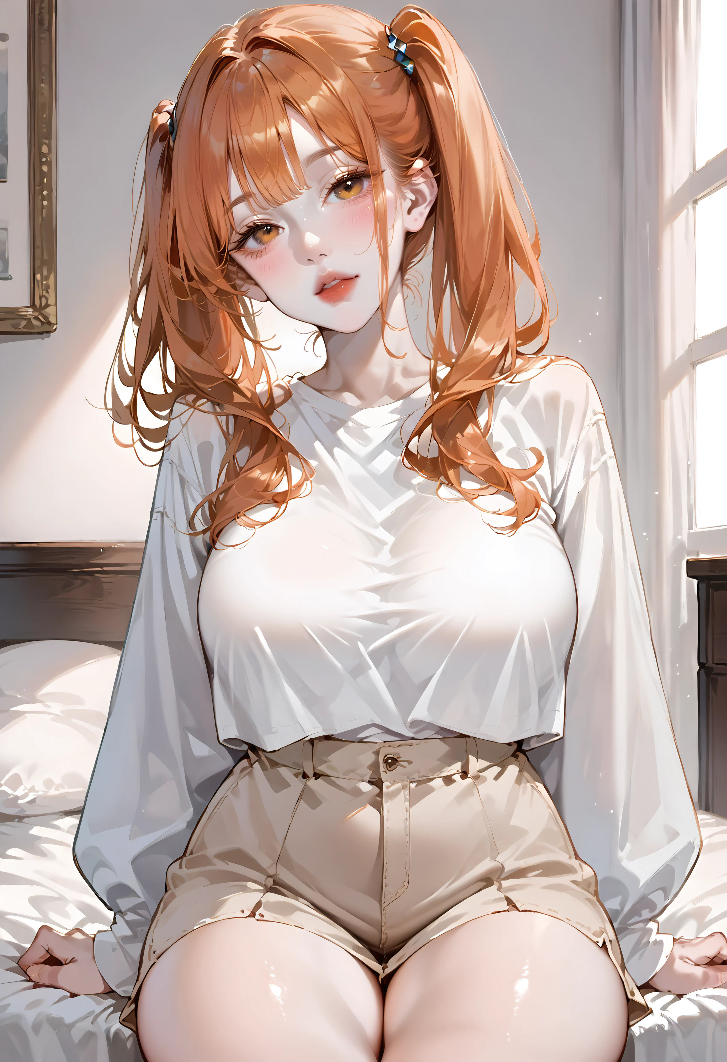 score_9, score_8_up, score_7_up, best quality, source_anime BREAK, 1girl, parted lips, large breasts, thick thighs, pale skin, blush, orange hair, twintails, bangs, head tilt, <lora:KoreanAIStyle:1>