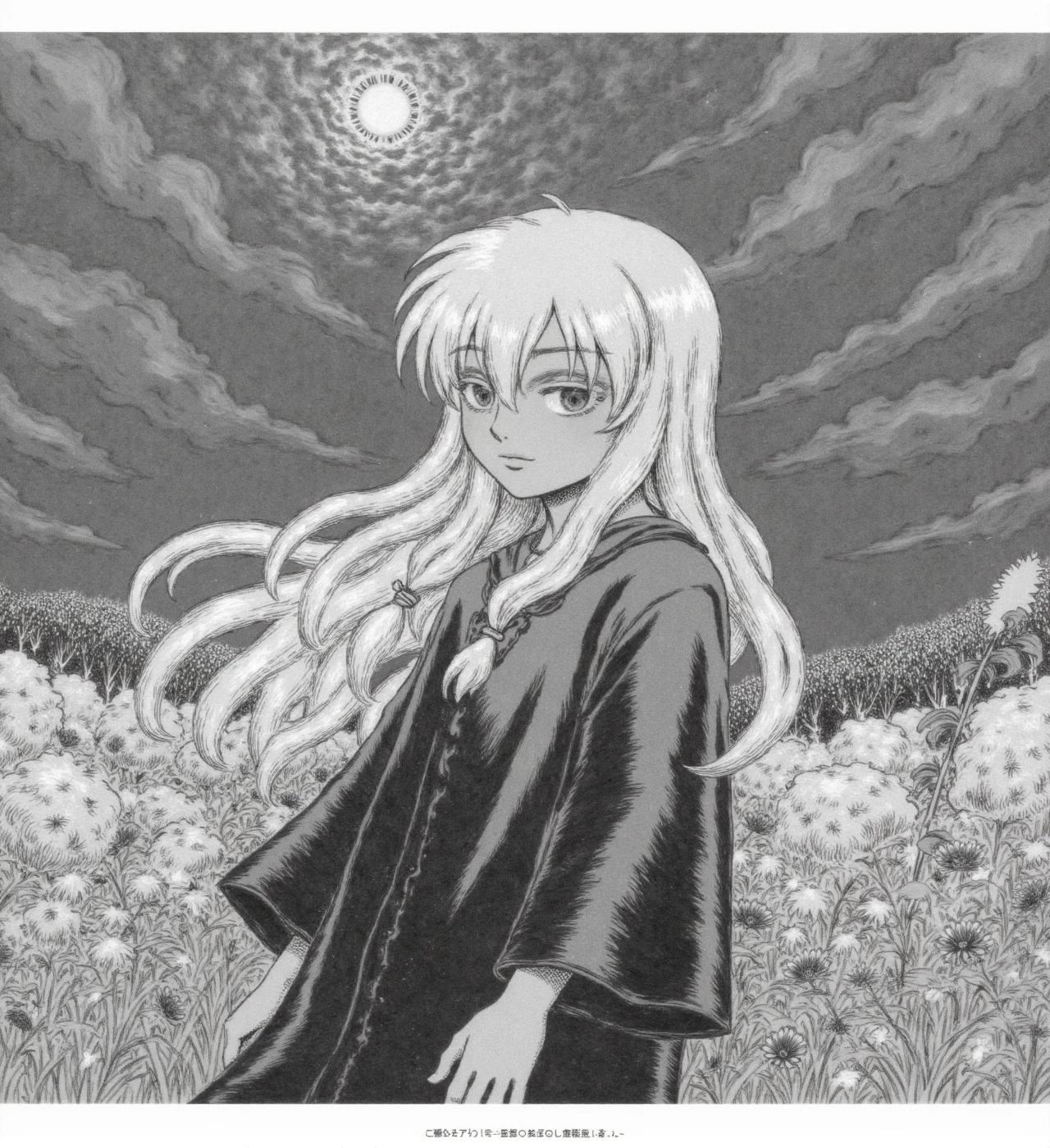 A monochrome manga panel close portrait of a girl,, long hair, in a dark robe, she's standing in the dark of the night, moon in the sky covered by clouds