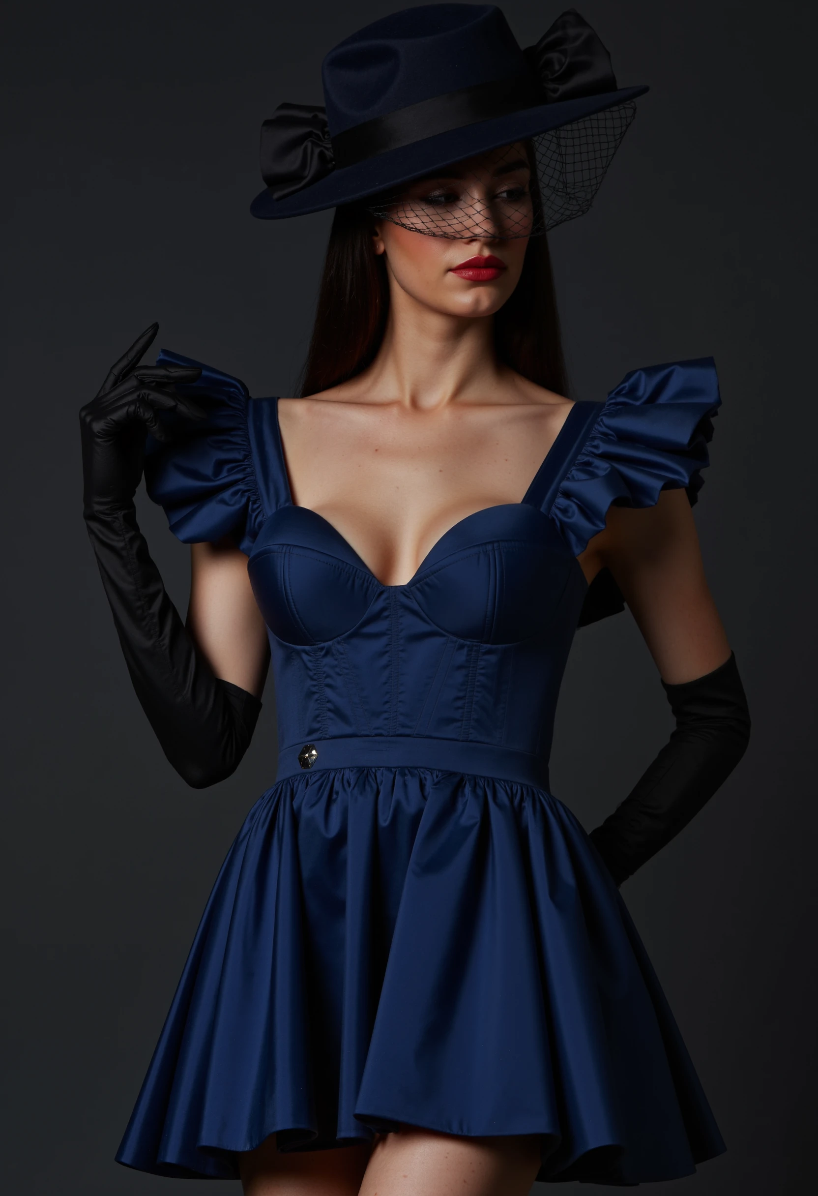 A high-fashion photograph featuring a model in a striking Philipp Plein-inspired dark blue outfit. The model is wearing a short dress with dramatic ruffle sleeves and a corset-like bodice, accentuating her elegant figure. The luxurious fabric of the dress gleams subtly under soft lighting, adding to the sophistication of the look. The model's confident pose is complemented by long black gloves and a chic, vintage-inspired hat with a delicate netted veil covering her face, creating an air of mystery and allure. The deep blue tones of the dress contrast beautifully with the model's smooth skin and the bold red lipstick, making the overall image feel glamorous, powerful, and undeniably high-end.